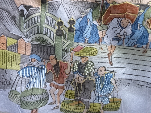 アンティーク　富士に時代人物風景模様男物長襦袢